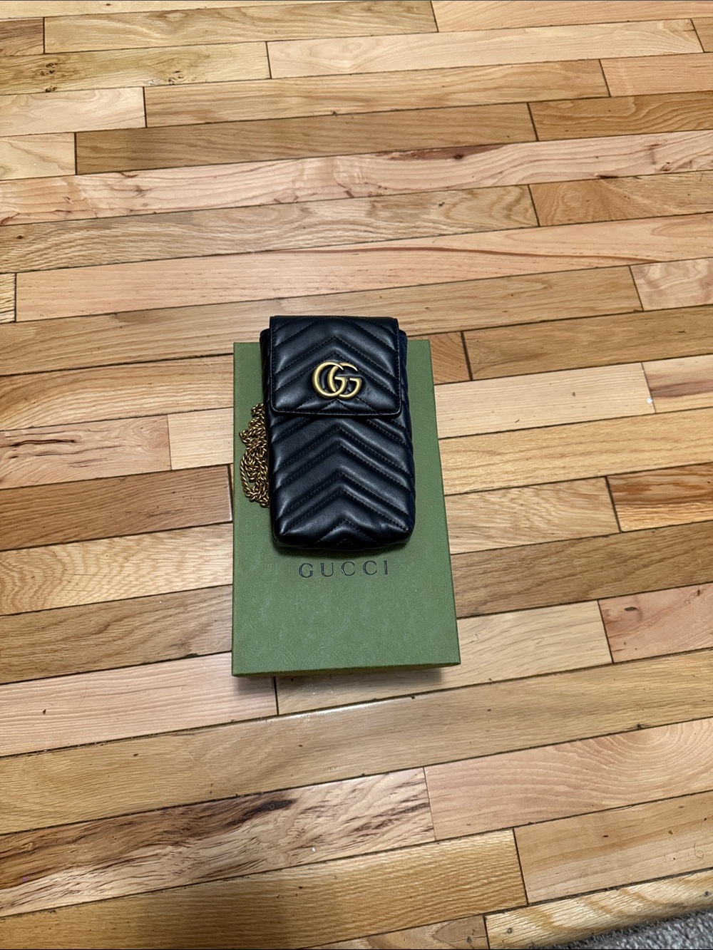 Gucci Black Chevron Quilted Leather Phone Pouch with Gold GG Chain